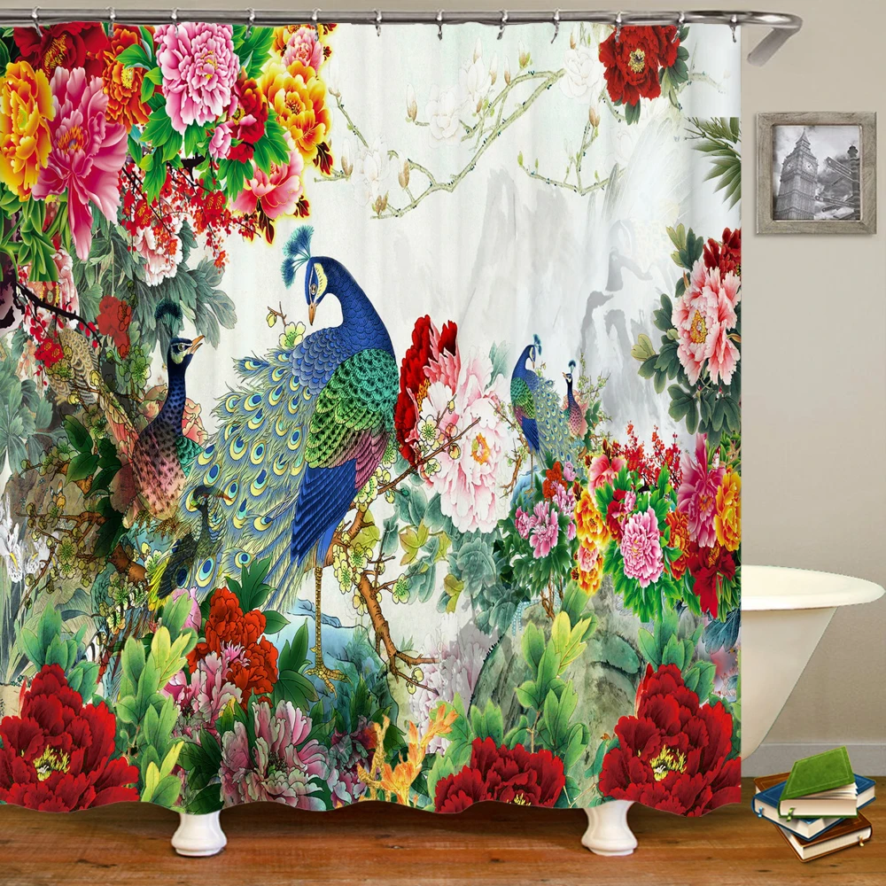 

240x180cm Bathroom Waterproof Shower Curtain Bath Curtain Peacocks Flower Birds Printed Fabric Home Decoration Curtain With Hook
