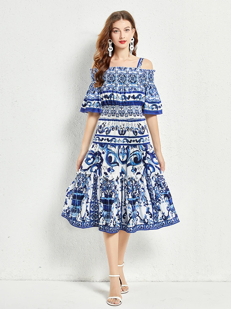 Summer Vestidos Fashion Runway women Dress Spaghetti Strap Blue and White frock Porcelain Printing Vacation Midi Dresses