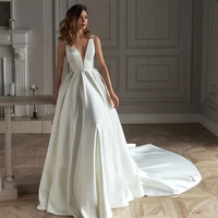 white pleat satin wedding dress a line v neck sleeveless sexy backless pearl chapel train bridal gown vestidos de novia