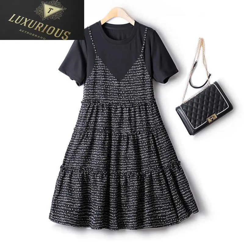 

Elegant Casual Women's Dresses European Station 2024 Summer Fake Two-piece Cake Mid-length Korean Fashion Dress Woman 4XL