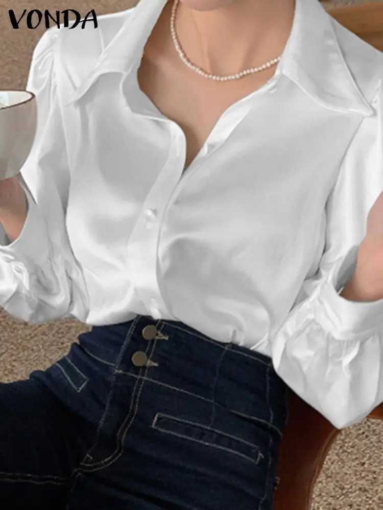 

VONDA Vintage Spring Long Sleeve Chemise Women Casual Pleated Tops Satin Blusas Femininas Holiday Blouses Lapel Button Up Shirt