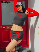 shestyle black and red streetwear women 2 pieces stars print slit mini skirt crop tops tide stretchy vintage mathching sets