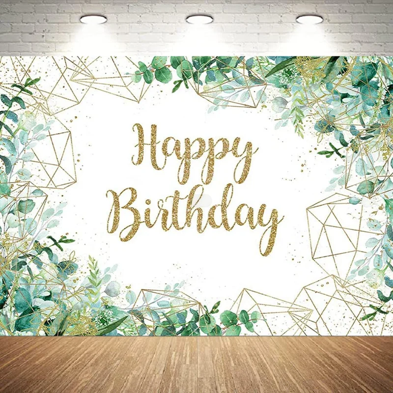 

Greenery Happy Birthday Party Backdrop Girl Gold Eucalyptus Green Leaves White Rose Flower Decorations Background Photoshoot