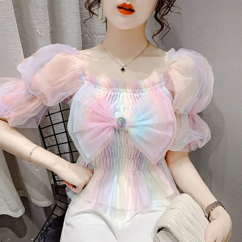

Women 2022 Summer Fashion Shirt Crop Tops Female Sweet Bow Party Blouse Puff Sleeve Ladies Vintage Elegant Mesh Blouses B14