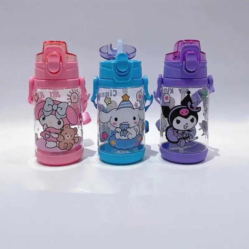 

400Ml Kawaii Sanrioed Children Straw Cup with Straps Cartoon My Melody Kuromi Cinnamoroll Water Bottles Outdoor Portable Cups