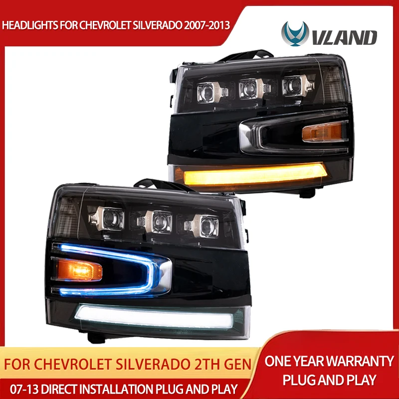 Фото Vland 07-13 Chevrolet Silverado 2-го поколения: светодиодные матричные фары-проекторы, черные, для грузовиков, улучшенная версия №2