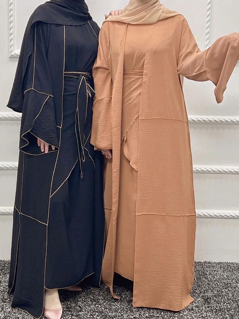

3 Piece Muslim Sets Women Summer Crepe Open Abaya Inner Dress with Wrap Skirt Matching Suit Dubai Turkey Abayas 2022 New Kaftan