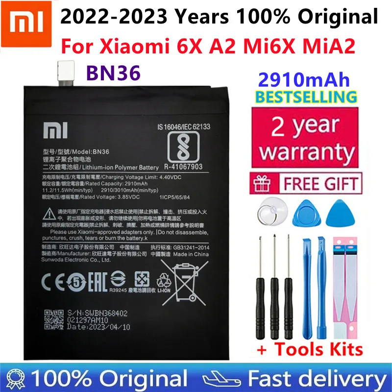 

Xiaomi Original Replacement Phone Battery BN36 For Xiaomi Mi6X Mi 6X MiA2 Mi A2 Capacity 2910mAh Genuine Li-ion battery Tools