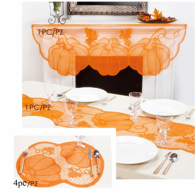

Pumpkin Fall Lace Table Runner Fireplace Cloth Cover Pumpkin Maple Leaf Orange Spice Thanksgiving Party Decor Tablecloth Autumn
