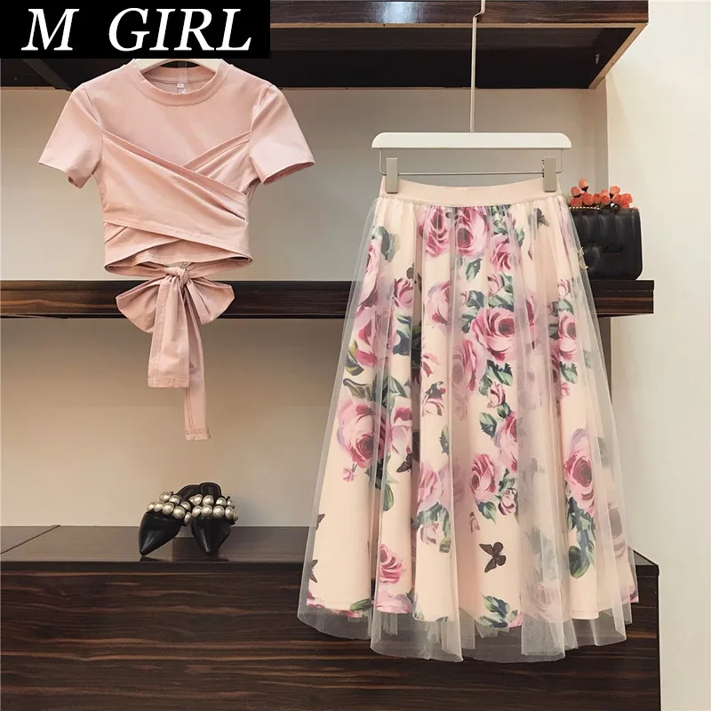 

Women Flower Pring Mesh skirt and Cotton Irregular T-shirt Casual 2 Piece Set Bowknot Pink Crop Tops Floral Mid-clf Skirt Sets