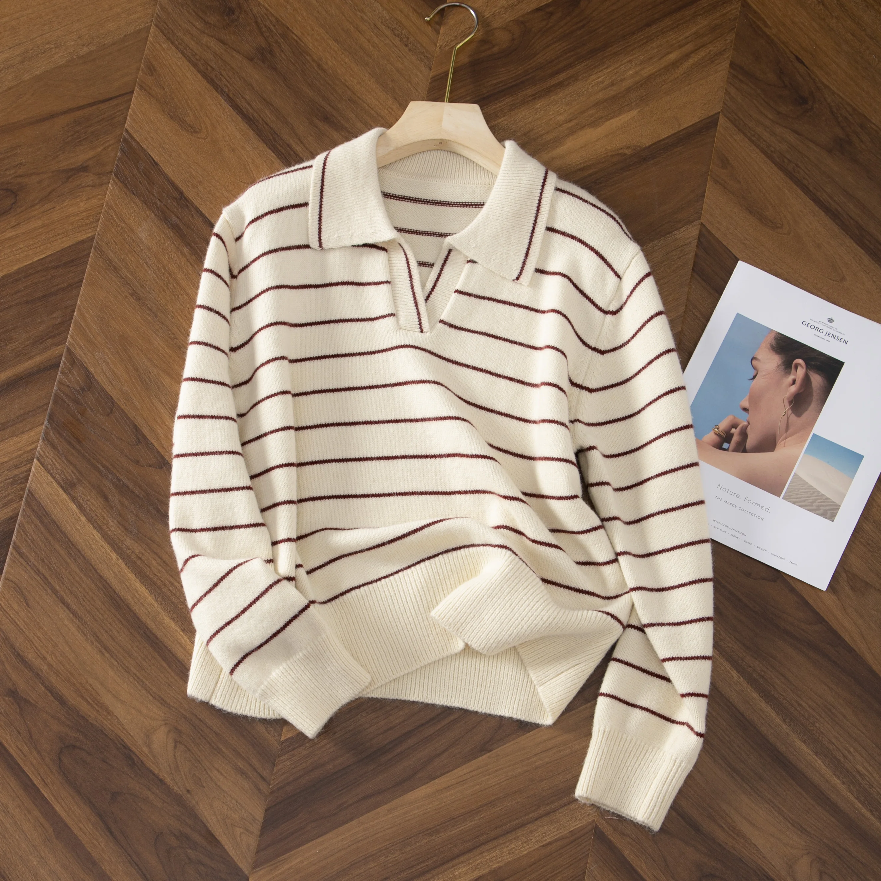 Осенняя новая женская одежда Свободный полосатый свитер с воротником-поло Мода