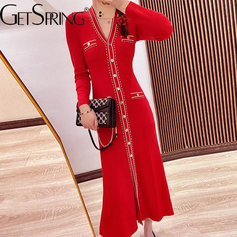

GetSpring Women Dress 2022 Temperament Autumn Full Sleeve V Neck Single Breasted Slim Thin High Waist Fishtail Long Dress New