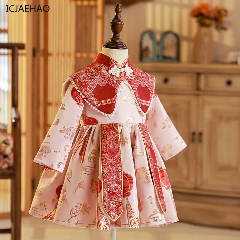 Фото ICJAEHAO китайское платье для маленьких девочек, детское платье Cheongsam на день рождения, платье Тан для девочек, новогоднее поздравительное платье, национальное платье с длинными рукавами №2