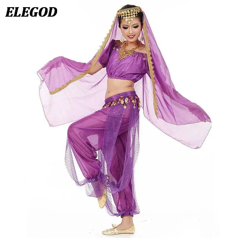 

3PCS Ladies Bollywood Belly Dance Costume Set Women Coins Head Veil Top Harem Pants India Arabian Cosplay Jasmine Princess Suit