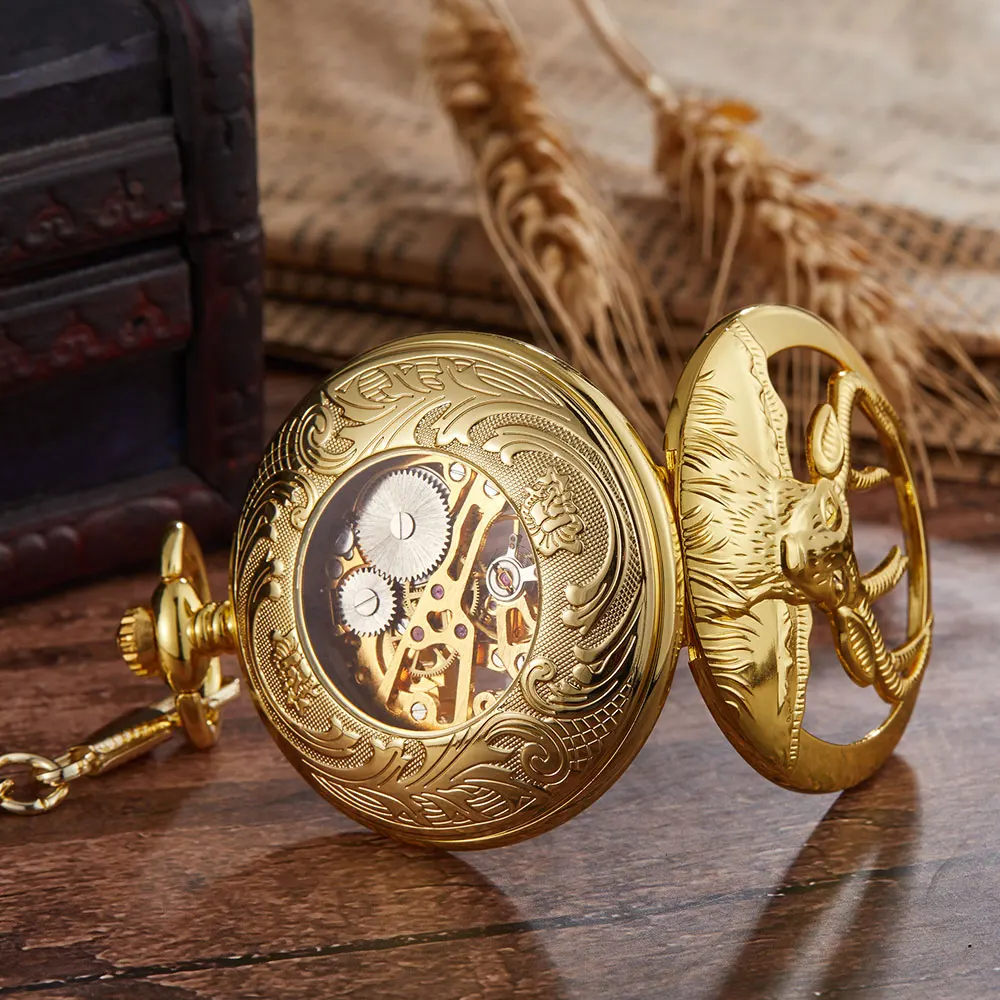 Golden Hollow Golden Goat Design Mechanical Pocket Watch Zodiac Steampunk Hand Winding Fob Unisex Watch Chain Necklace Pendent