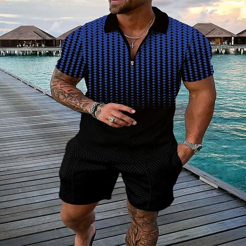 New Men's Suit 3D Print Summer Short Sleeve Tops And Shorts  Fashion Zipper Polo Shirt Two Piece Set