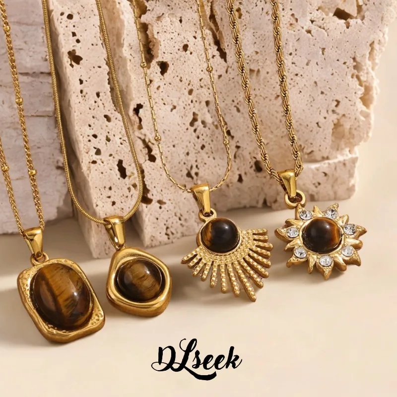 DLseek винтажное ожерелье с подвеской в виде круглых лучей солнца тигрового глаза