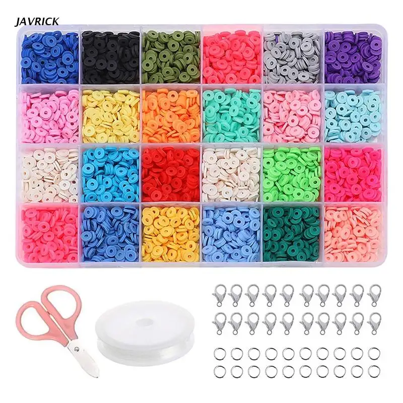 

4800PCS Flat Round Clay Beads DIY Polymer Spacer Flat Bead with Rolls of Elastic Band Scissors Lobster Clasp Jewelry DIY