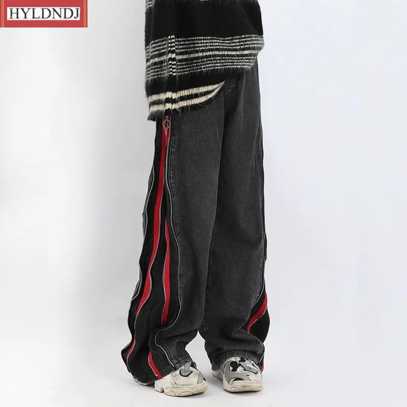 Men New Fashion Casual Punk Oversized Wide Leg Micro Flared Trousers Streetwear Harajuku Hip Hop Zipper Washed Old Loose Jeans