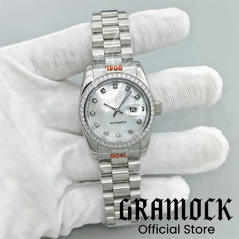 Фото Роскошные женские часы Gramock 31 мм с декором и бриллиантами NH05, двухцветный золотой корпус, сапфировое стекло, солнечные лучи, фиолетовый, серый циферблат, римский индекс №5