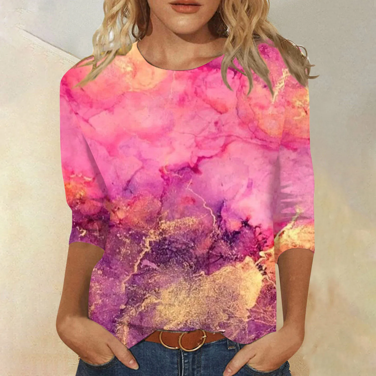 

Women Summer Tops Round Neck Three Quarter Sleeve Comfortable Print T Women Compression Long Sleeve Shirt Short Sleeve Western