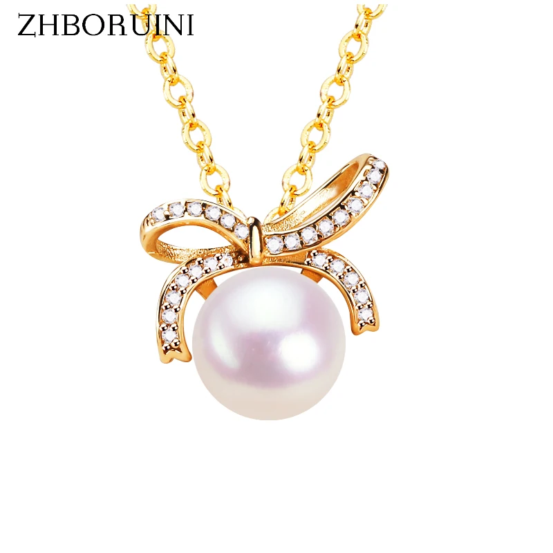 

ZHBORUIN 2022 New Sweet Bow Pearl Pendant 100% Real Natural Freshwater Pearl Necklace 18K Gold Plating Jewelry Woman Birthday