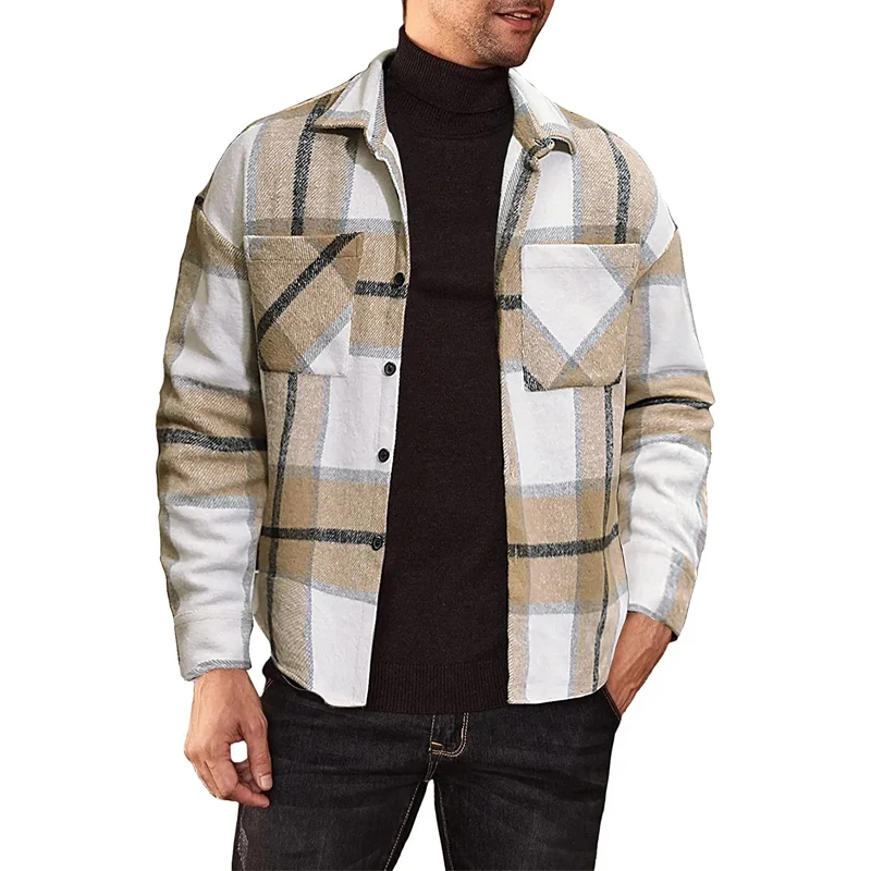 

Кардиган мужской с отложным воротником, модная однобортная Свободная рубашка в клетку, Повседневная Уличная одежда, осень
