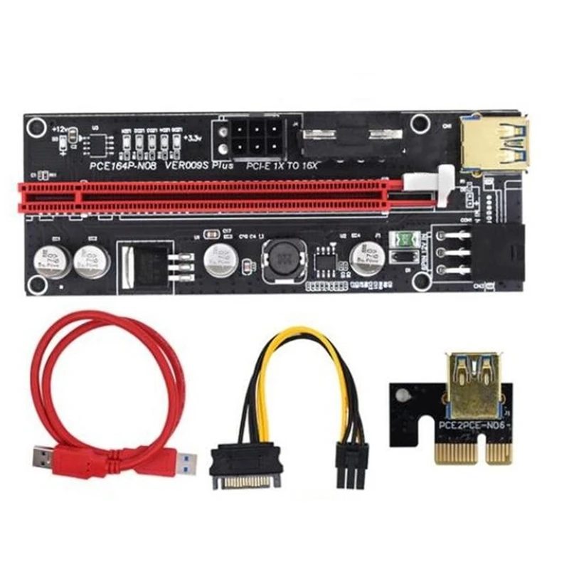 

PCI-E Riser VER009S Plus GPU PCIE Card PCI E X16 to X1PCI Express Adapter Card 6Pin to SATA USB3.0 with LED Lights