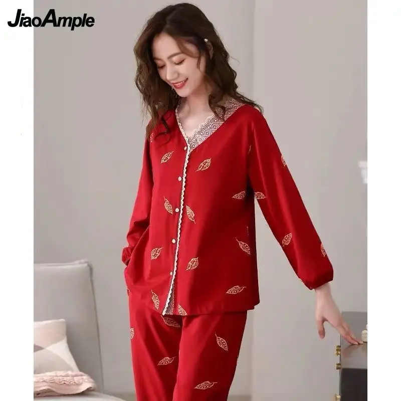 Cotton Pajamas Women's Printed Pijamas Suit Korean Fashion Nightie Loose Home Clothes Female Casual Sleepwear Nightwear Set