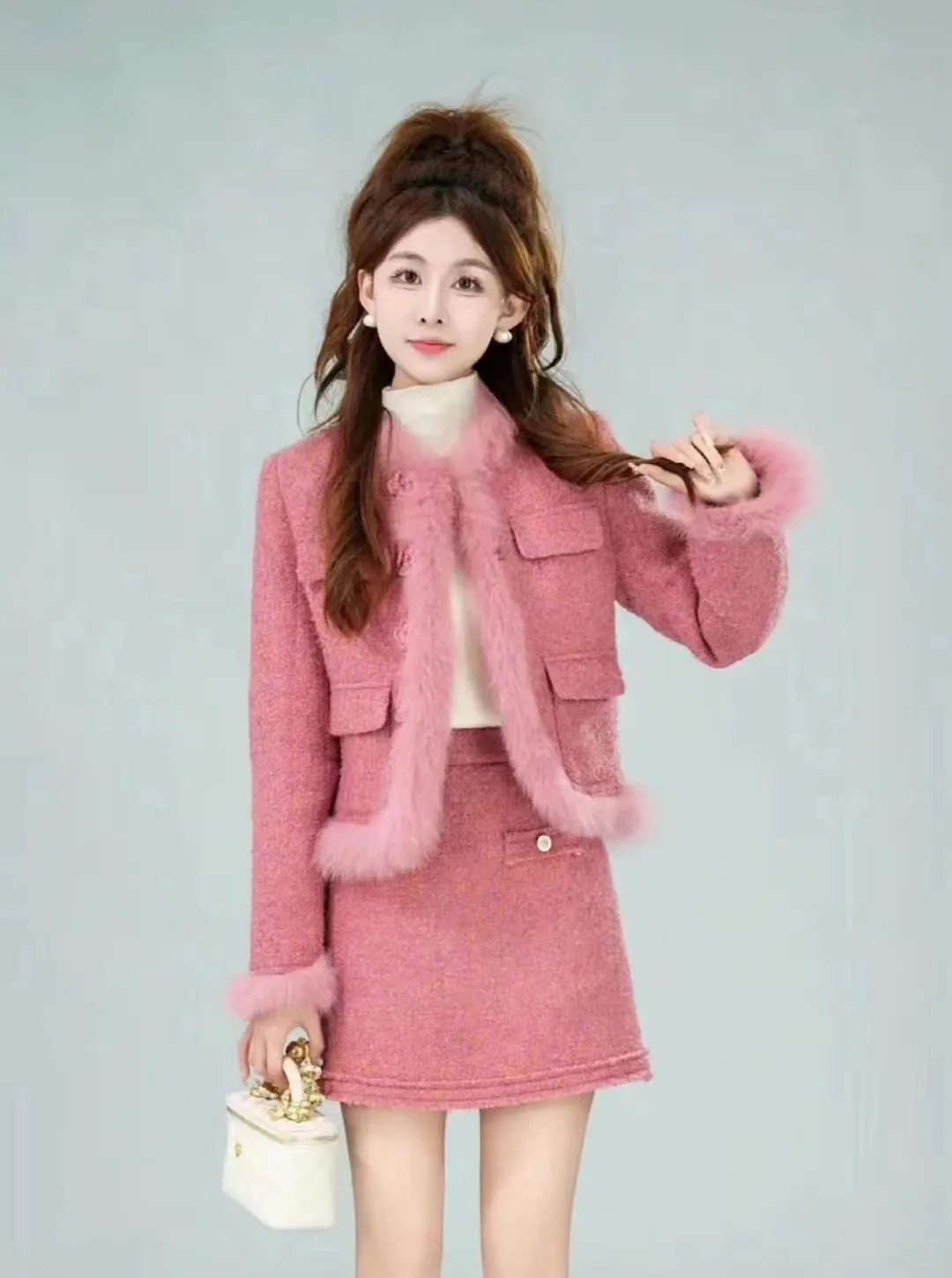 Элегантный твидовый комплект для женщин: Зимний Новый Модный укороченный жакет с