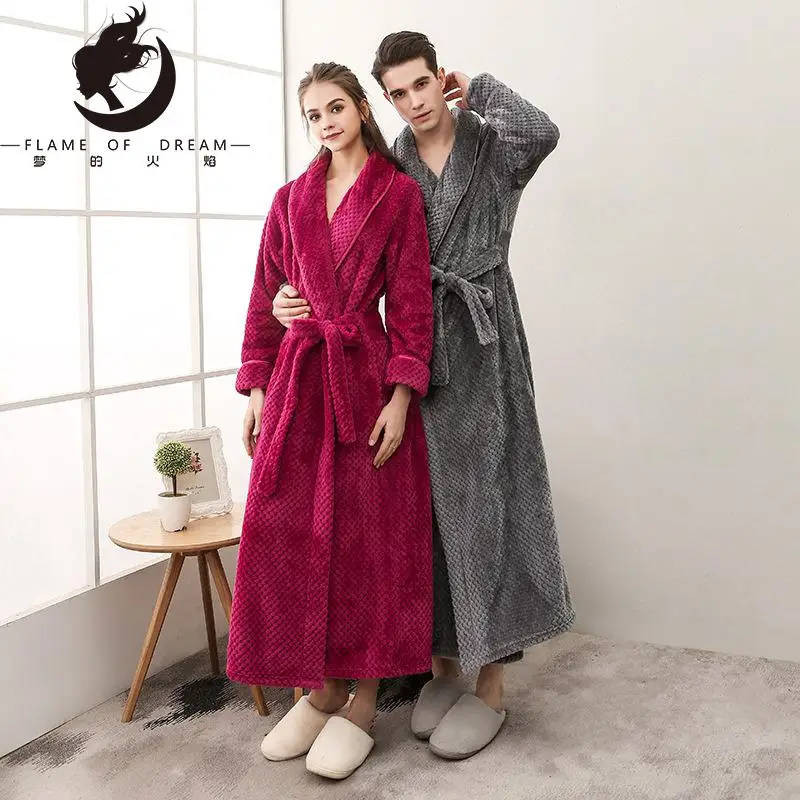 

Flame of dream Winter Padded Flannel Velvet couples' Nightgown For Men And Women Lengthened Size Fixed Belt Bathrobe 2161