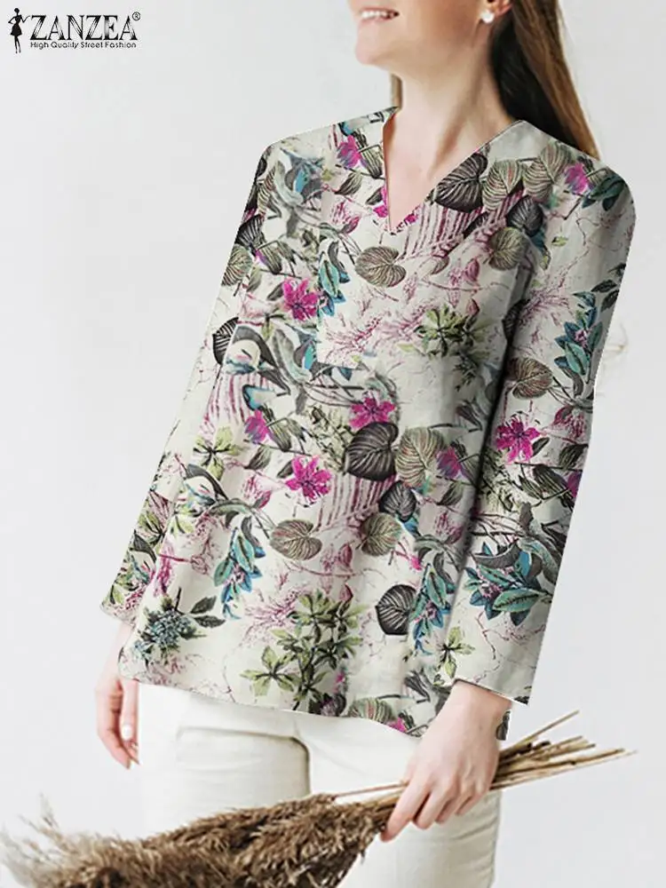 

Осенняя винтажная блузка ZANZEA с цветочным принтом 2022, женская элегантная рубашка с V-образным вырезом и длинным рукавом, богемные блузы, праз...