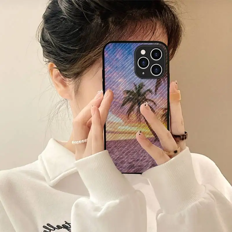 

YNDFCNB Summer Beach Scene at Sunset on sea Palm Phone Case Hard Leather Case for iPhone 11 12 13 Mini Pro Max 8 7 Plus SE