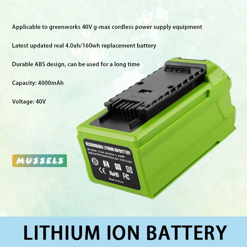 

New 40V 4.0Ah 160Wh Rechargeable Li-Ion Battery for Greenworks 40V G-MAX Cordless Power Supply