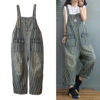 spring summer womens stripe printed blue denim bib overalls suspenders jumpsuits coveralls youth jeans