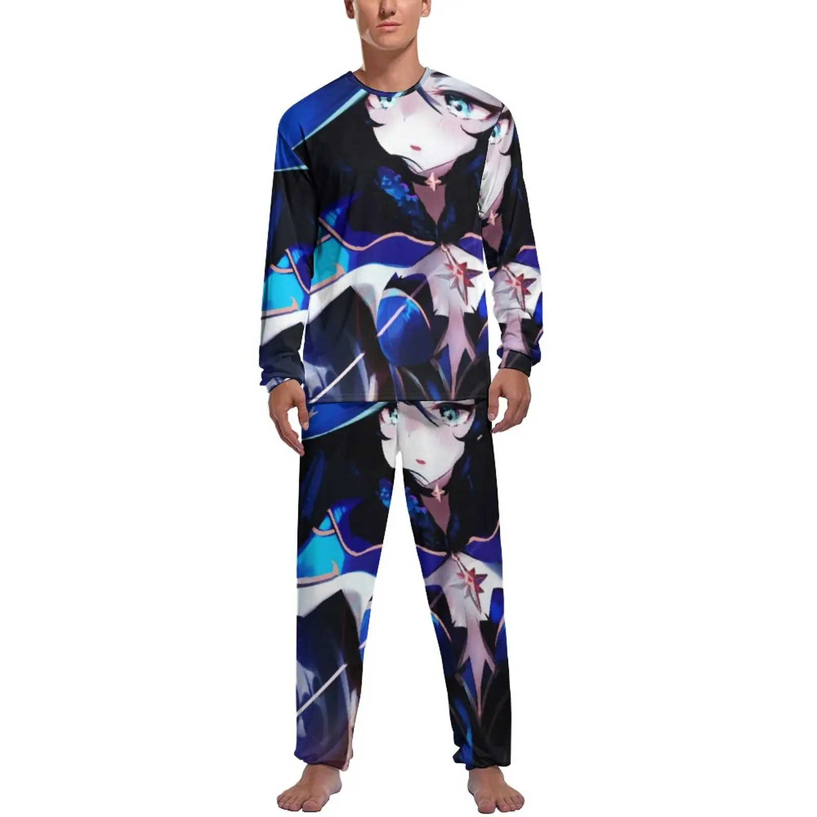 

Mona Genshin Pajamas Daily Anime Figure Sleep Home Suit Male Two Piece Graphic Long Sleeve Fashion Pajamas Set
