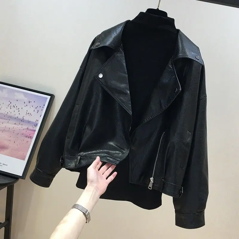 Fashion Casual Loose Waist Leather Jacket Motorcycle Leather Coat Women's 2022 Autumn Senior Lapel Jacket Gothic Hip Pop