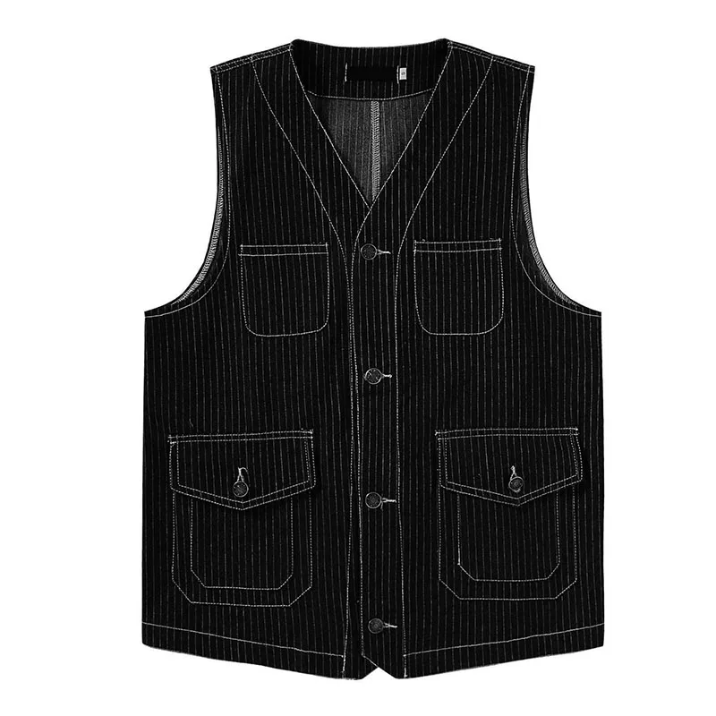 

Мужской повседневный деловой джинсовый жилет, жилет в полоску, офисное джинсовое платье, куртка без рукавов