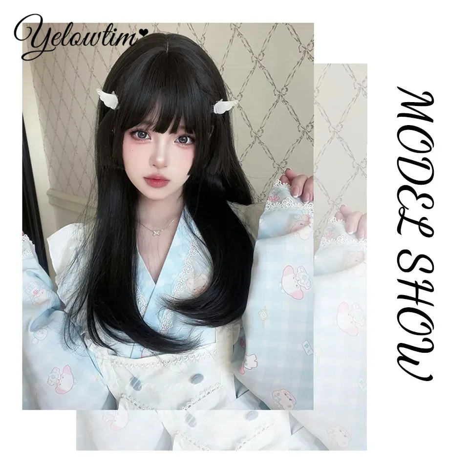 YELOWTIM черные волосы длинные прямые парики принцесса стрижки челка для женщин