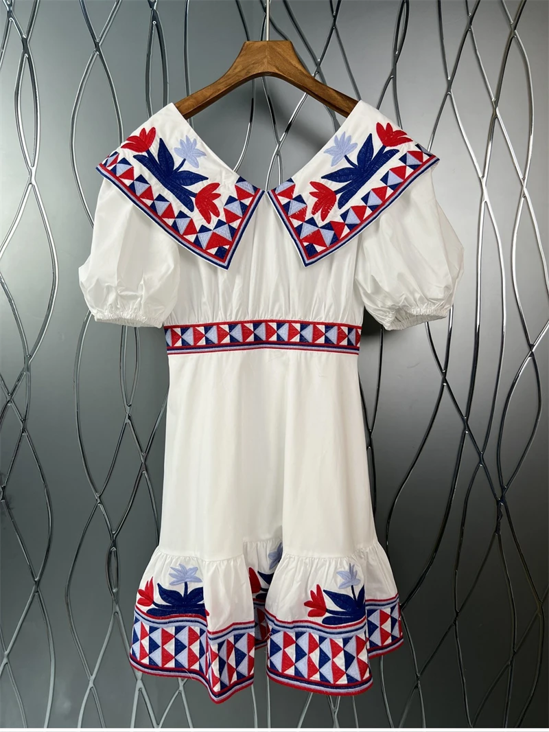 

Tops Fashion Cotton Dress 2022 Summer Ladies Turn-down Collar Lurex Embroidery Short Sleeve Casual White Blue Dress Princess