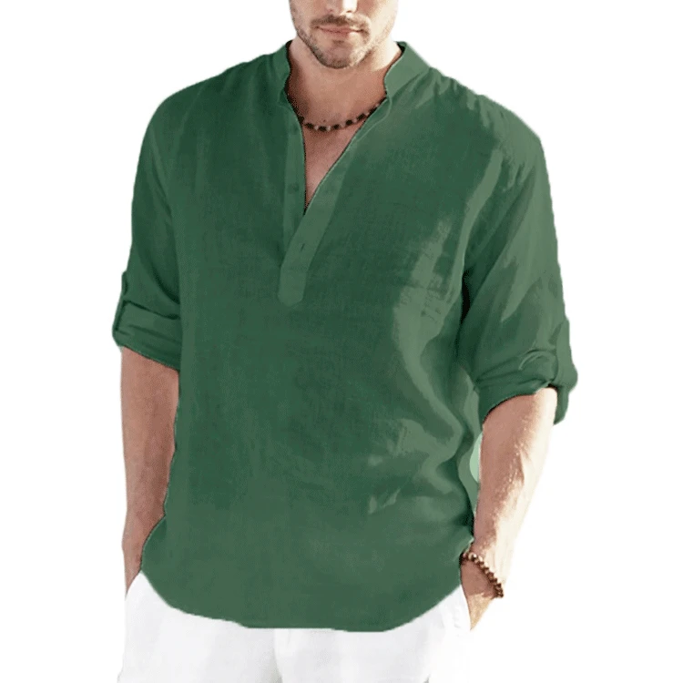 New Summer 2023 spring cotton linen Hot Sale Plus Size Men's Long Sleeve Shirts Solid Color Stand Collar Casual Cardigan