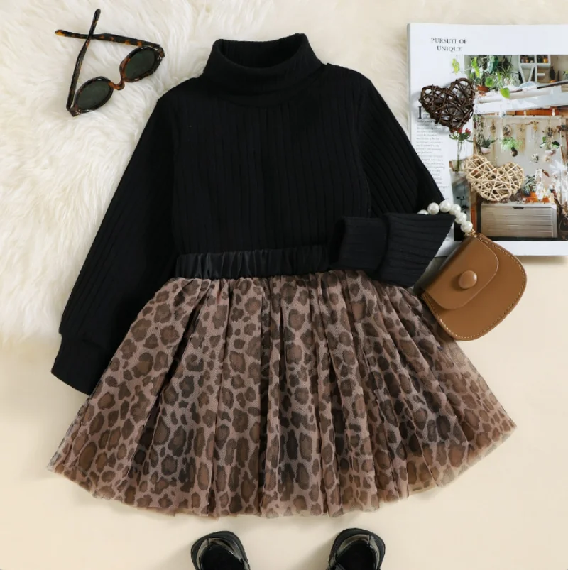 

Infant Baby Girls Outfit Set 2023 New High-necked Warm Knitting Long-sleeved Leopard Pattern Gauze Skirt Two-piece Girls Set