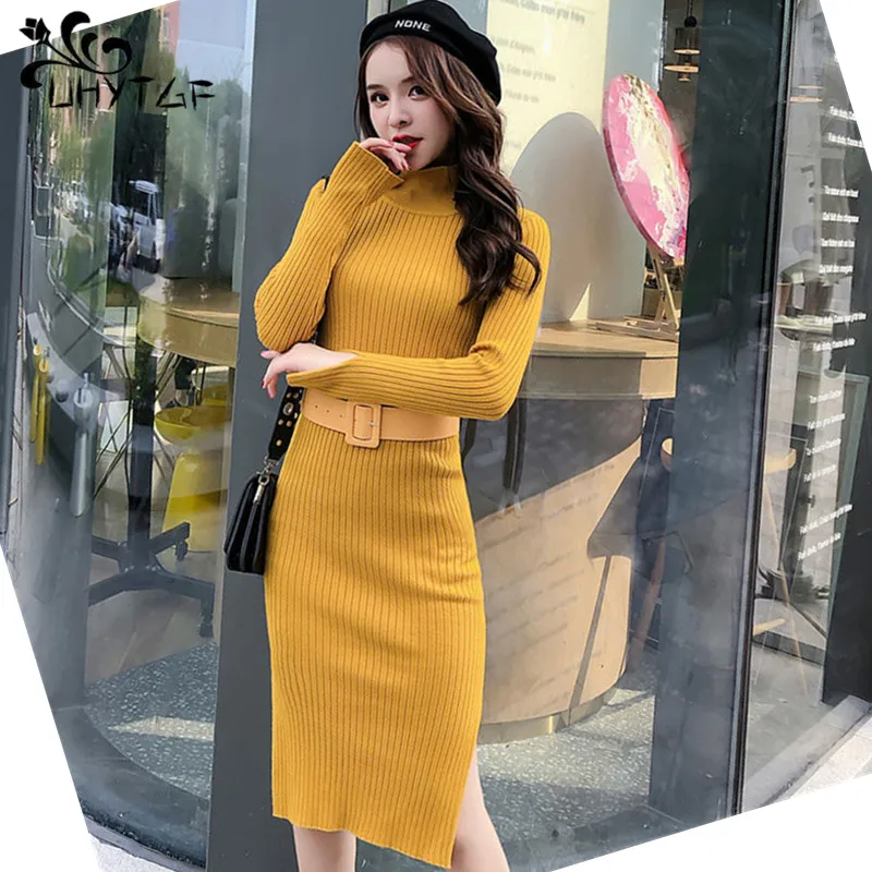 

Трикотажное платье-свитер UHYTGF для женщин, зимние Сексуальные облегающие длинные платья макси в винтажном стиле, женская одежда с поясом 33