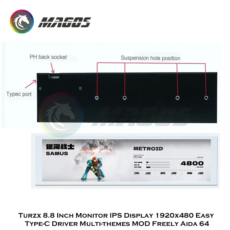 Фото Turzx Smart 8,8-дюймовый монитор IPS-дисплей, вторичный экран 1920x480 Простой драйвер Type-C Многоэма МОД Freely Aida 64 №3