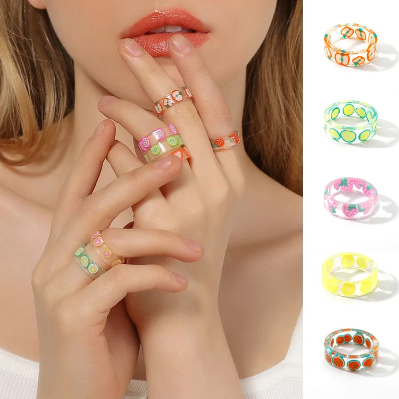 

Korean Version Of Fashion Creative Personality Resin Ring Explosion Selling Small Fresh Color Acrylic Fruit Transparent Ring