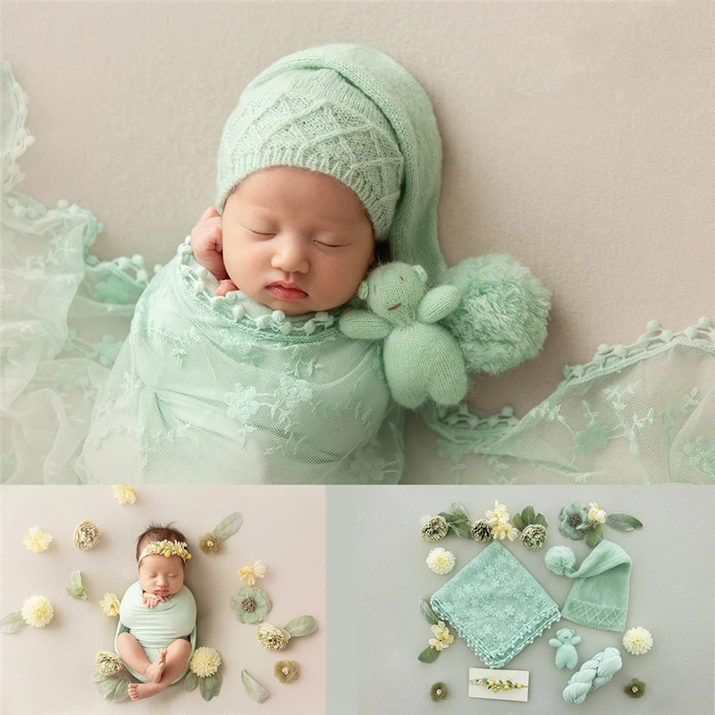 Newborn Baby Girl Photography Props Green Floral Theme Hat Wrap Backdrop Blanket Cute Bear Fotografia Studio Shooting Photo Prop