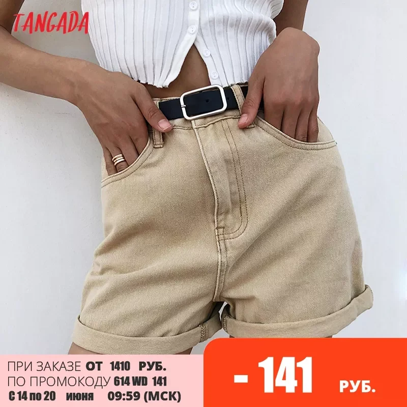 

Tangada Women Vintage Summer Denim Shorts with Belt Zipper Pockets Female Retro Casual Shorts Pantalones PP02