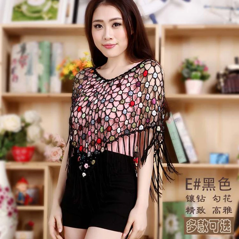 Шаль с кисточками пончо Пашмина вязаная крючком кружевная накидка для защиты от