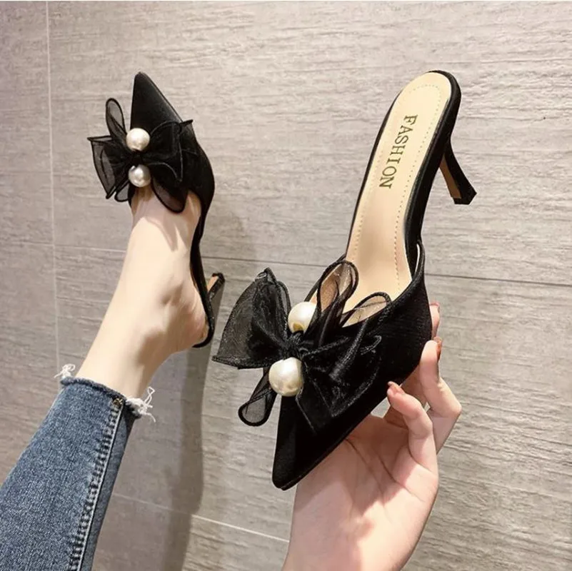 

Baotou semi-trailer women's outer wear 2022 summer new stiletto bow sandals and slippers pointed pearl high-heeled shoes women