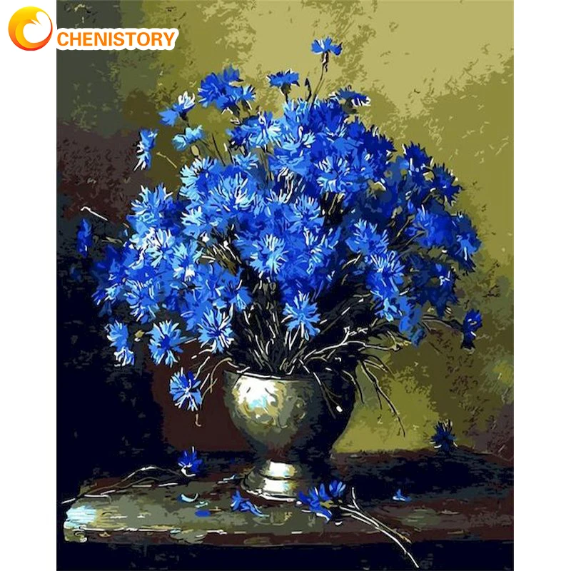 

CHENISTORY Painting By Numbers Blue Flower DIY Coloring Hand Painted Wall Artwork Modern Wall Art Canvas Oil Painting Unique Gif